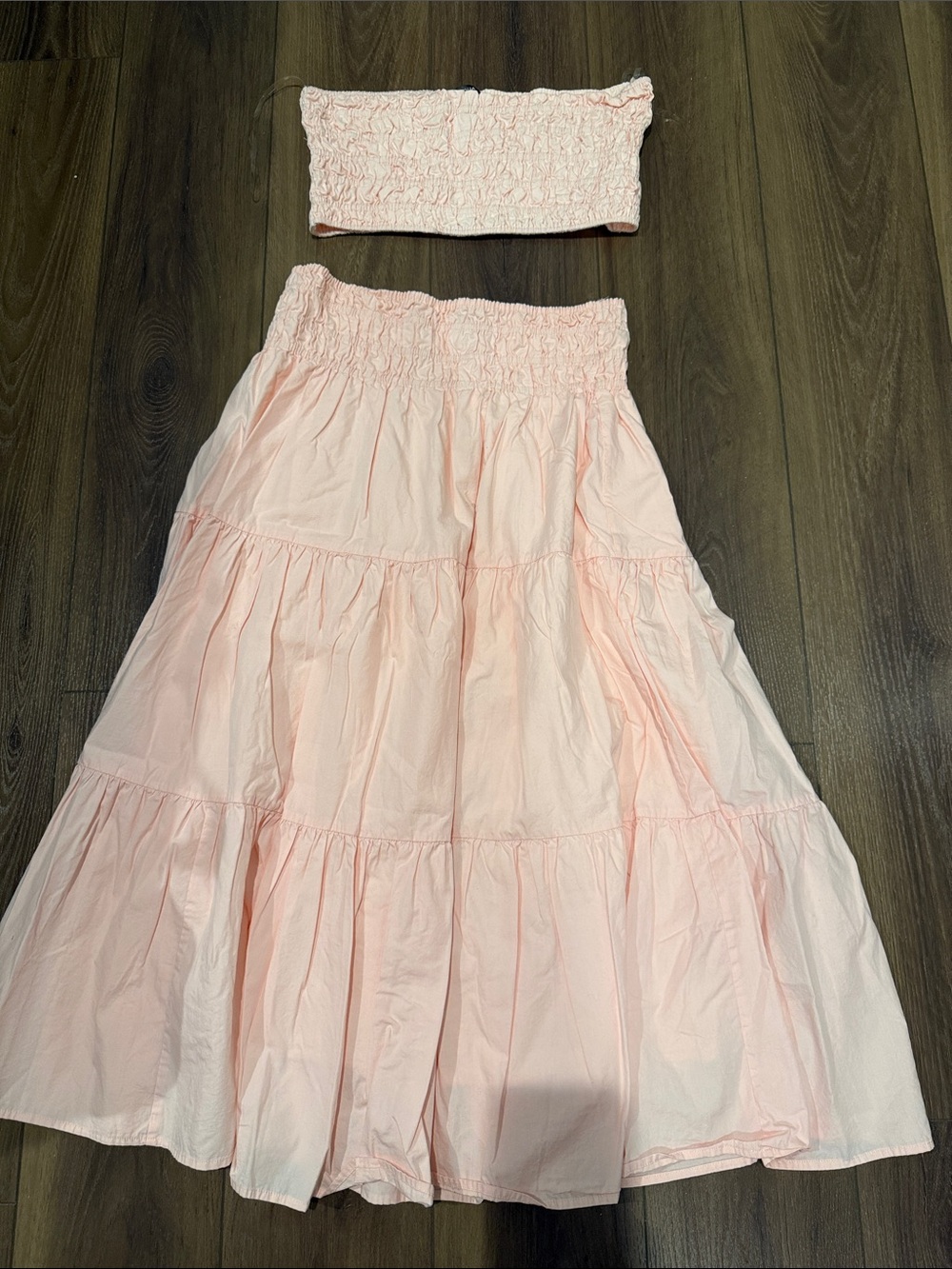 Aqua Light Pink Smocked Waist Tiered Maxi Skirt with Matching Bandeau